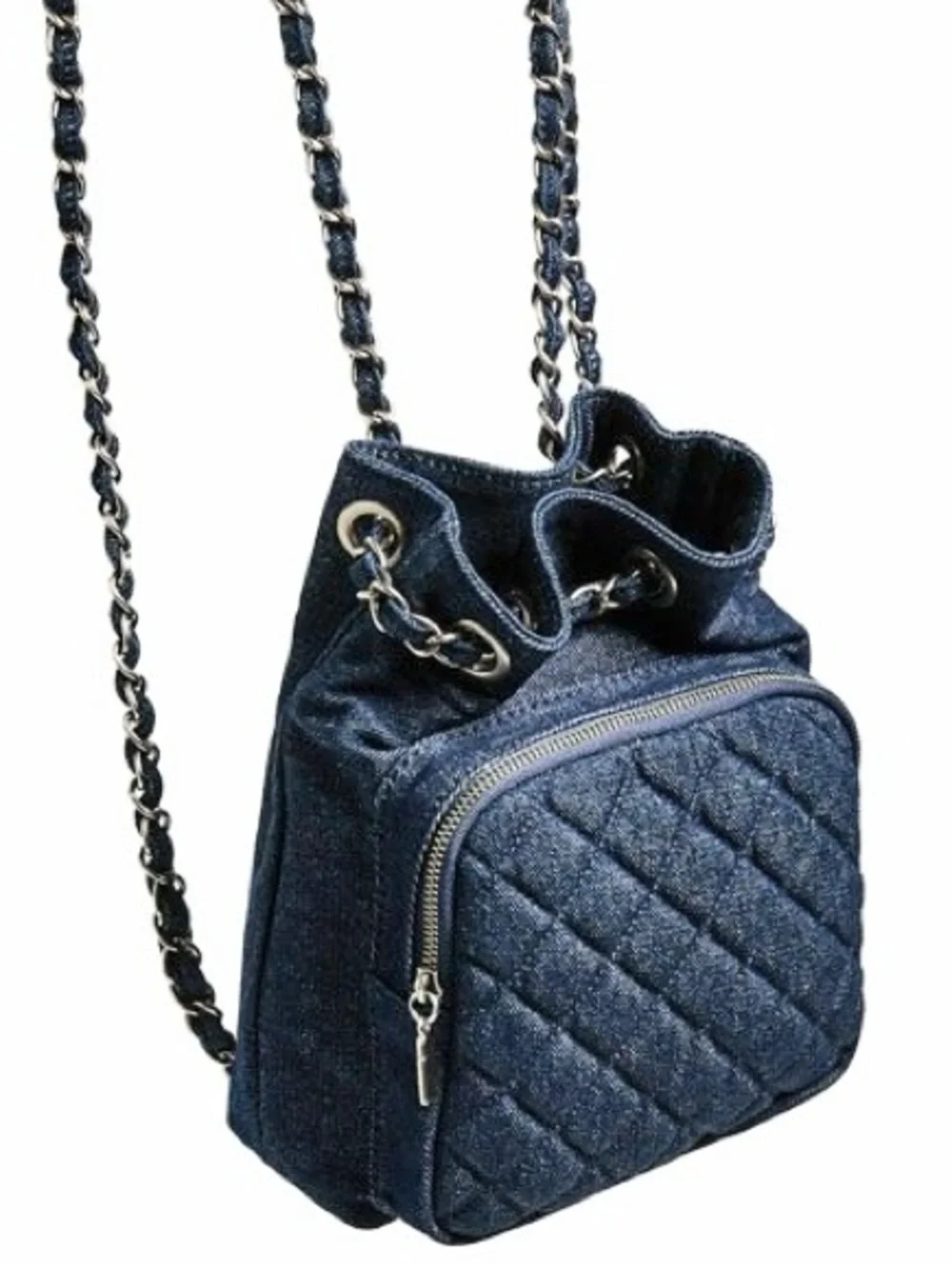 Zara Quilted Denim Mini Backpack Bag Purse Chain Straps Lipstick detail EUC